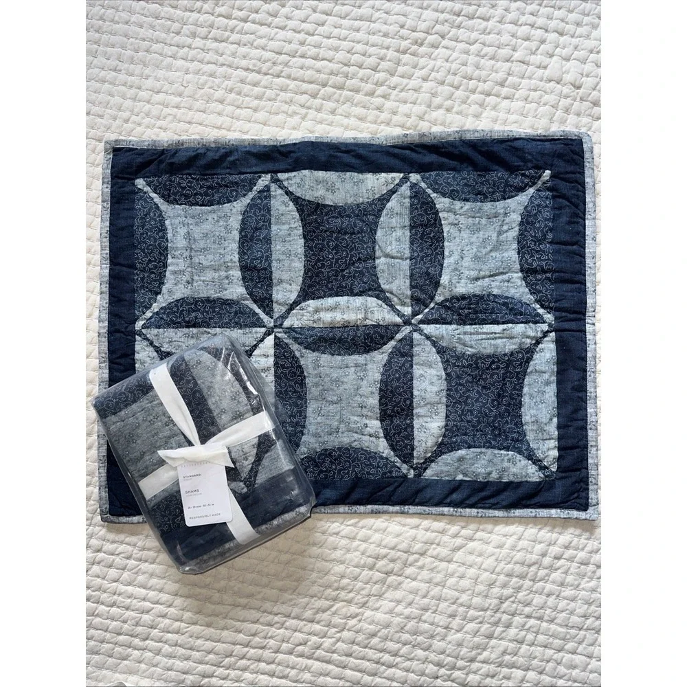 Pottery Barn Harper Blue Standard Pillow Shams Pair Cotton Classic Bedding NWT
